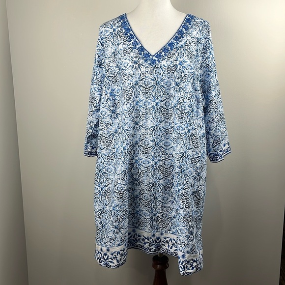Lands End Embroidered V-neck Cotton Blue Print Tunic Sz 1X Dress Coverup Coastal - Picture 2 of 16